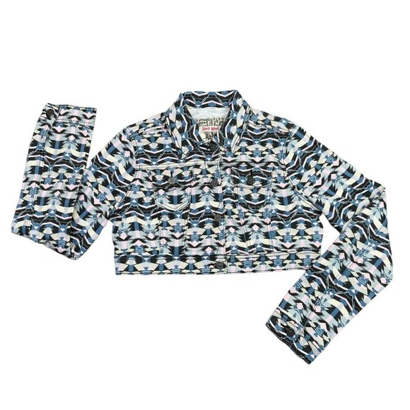 Hot Kiss Crop Top Denim Jacket 80s Retro Pastel Geometric Button Up Womens L - Picture 10 of 12